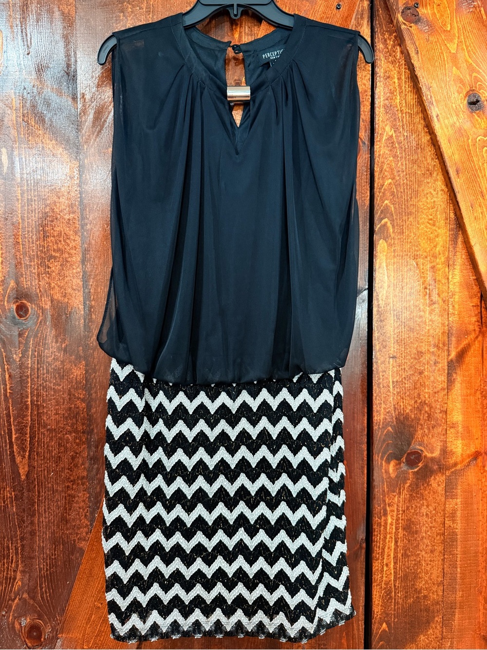 Perceptions Black Top with Black & White Chevron Bottom Mini Dress